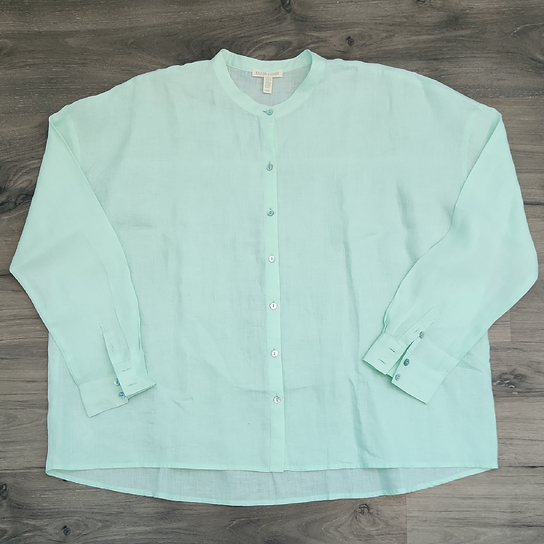 Eileen Fisher Organic Handkerchief Linen Mandarin Collar Box Top In Aurora Green